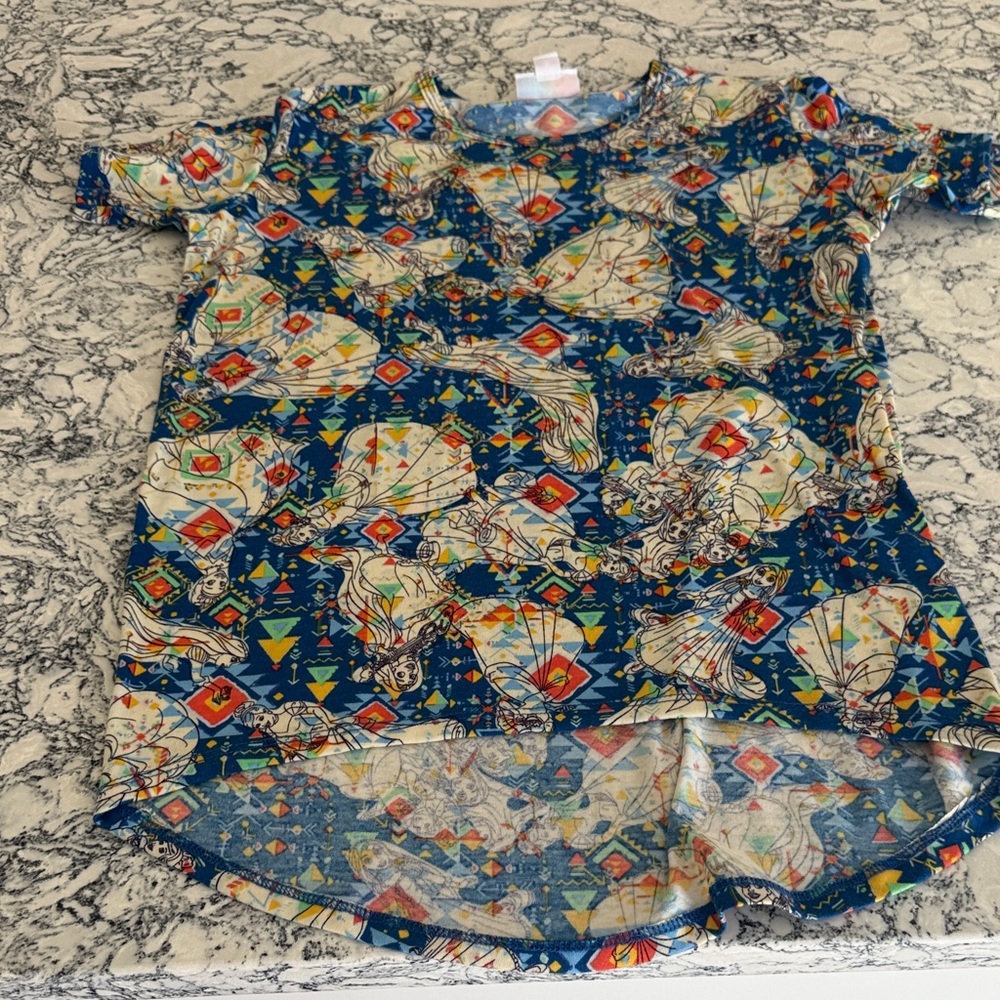 Girls' Lula Roe Blue Printed Short Sleeve Top with Disney Princesses